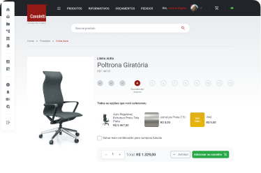 Astrus One — configurador Cavaletti, opções selecionadas e carrinho